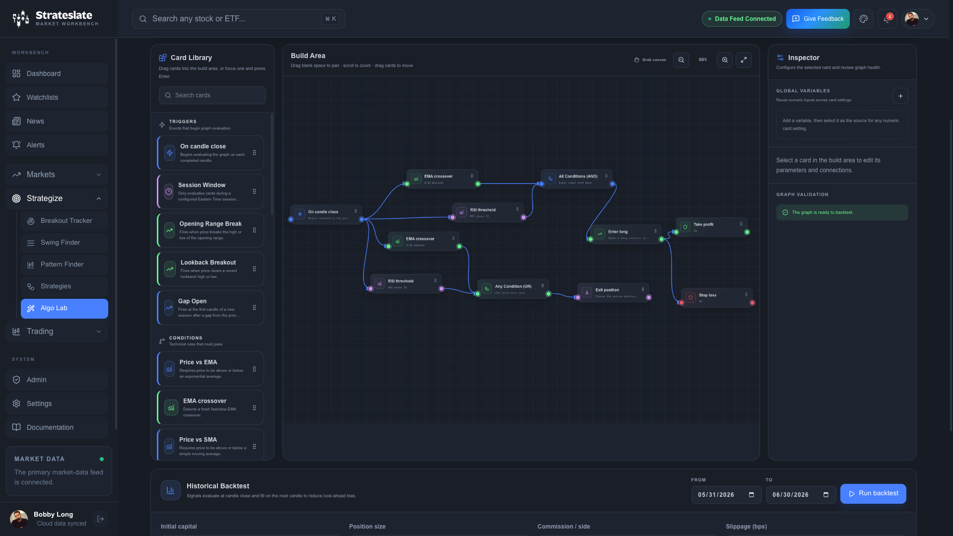 Strateslate Algo Lab showing connected strategy cards on the visual build canvas.